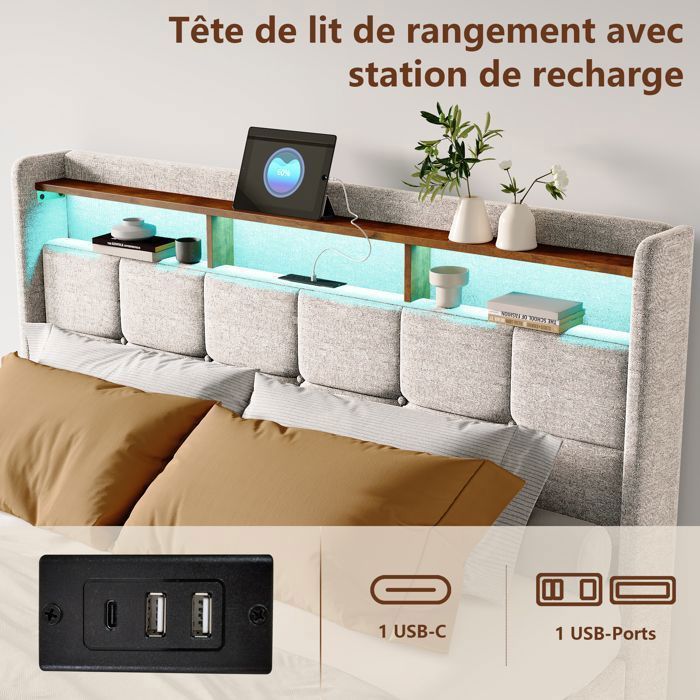 Lit Double 140x190 Avec Sommier Et Rangement - 4 Tiroirs, Tête De Lit Avec étagères, Ports USB/Type-C, Bande LED, Sans Matelas, Gris Lin