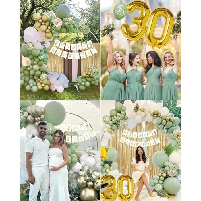 Décoration d'anniversaire pour femme - 30 ans - Ballon vert doré avec  bannière Happy Birthday - Pompoms pour femme et homme - Ballons 30