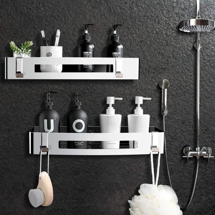 Étagère De Douche En Aluminium, Lot De 2 Avec Crochets Et Barre Pour Serviettes, Fixation Murale Sans Perçage, Finition Antirouille, Noir | Leroy Merlin