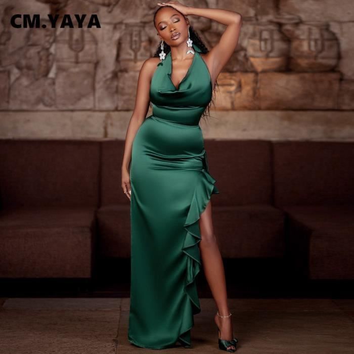 Robe CM.YAYA Robe Longue en Satin pour Femme Col Licou Dos aux