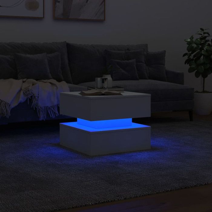 Table Basse LED Moderne Gris Béton 50x50x40 Cm – Meuble Salon Avec Lumières RGB, Bois Résistant, Style Industriel