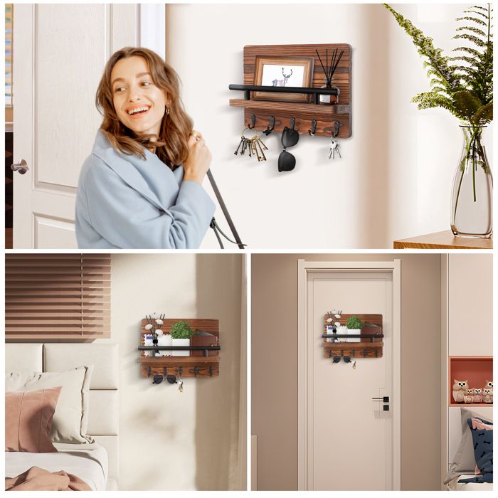 Porte-clés Mural En Bois Avec 8 Crochets Et étagère - Installation Sans Perçage (aspiration), Pour Entrée, Salon, Cuisine - 12