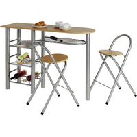 Ensemble STYLE avec table haute de bar mange-debout comptoir et 2 chaises/tabourets, en MDF couleur hêtre et structure en métal