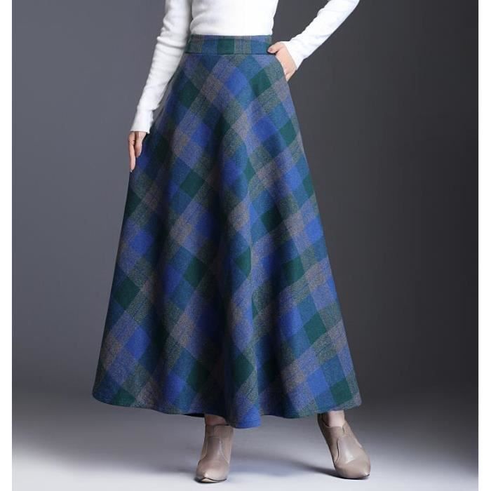 Jupe,Longue jupe en laine pour femmes, modèle à carreaux, taille élastique,  nouvelle collection automne hiver - Type Blue grid Blanc - Cdiscount  Prêt-à-Porter
