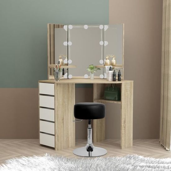 Coiffeuse Avec Miroir LED Réglable – 5 Tiroirs + 3 Étagères – Tabouret Inclus – Blanc (Modèle T68)