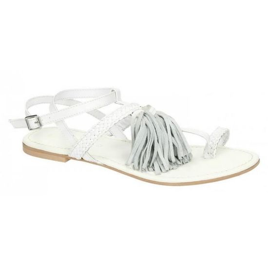 Sandales plates en cuir blanc avec franges Leather Collection