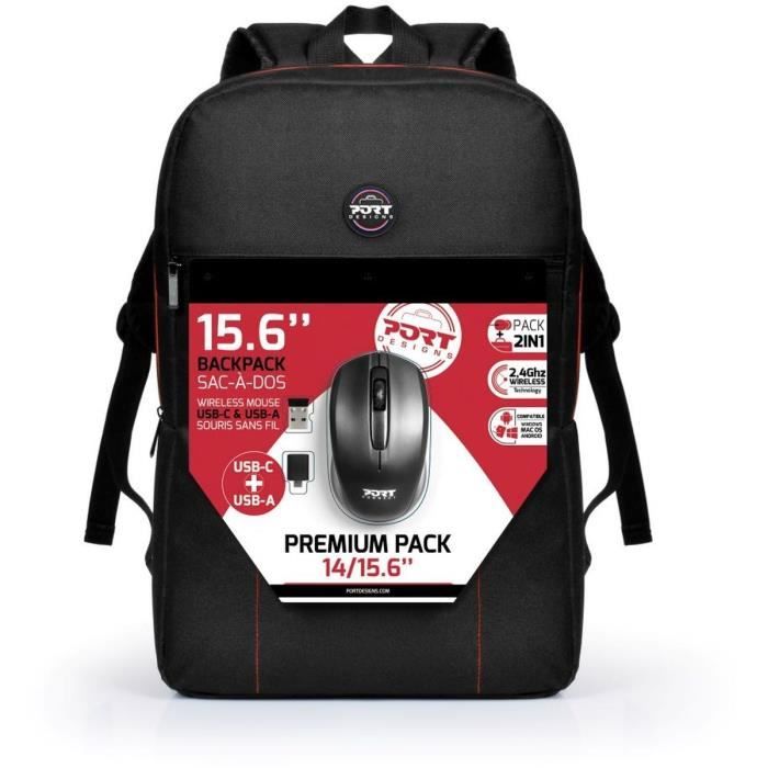 PORT DESIGNS Sac à dos pour PC Portable + Souris Sans Fil USB A & Type C - 15,6\