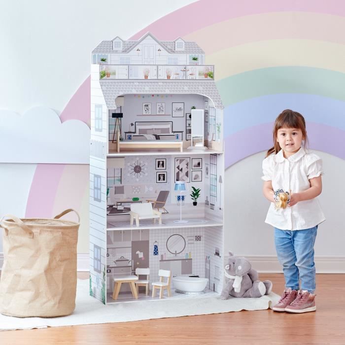 Maison de poupée fille enfant en bois grise 3 étages accessoires meubles inclus jouet Teamson Kids TD-11683D