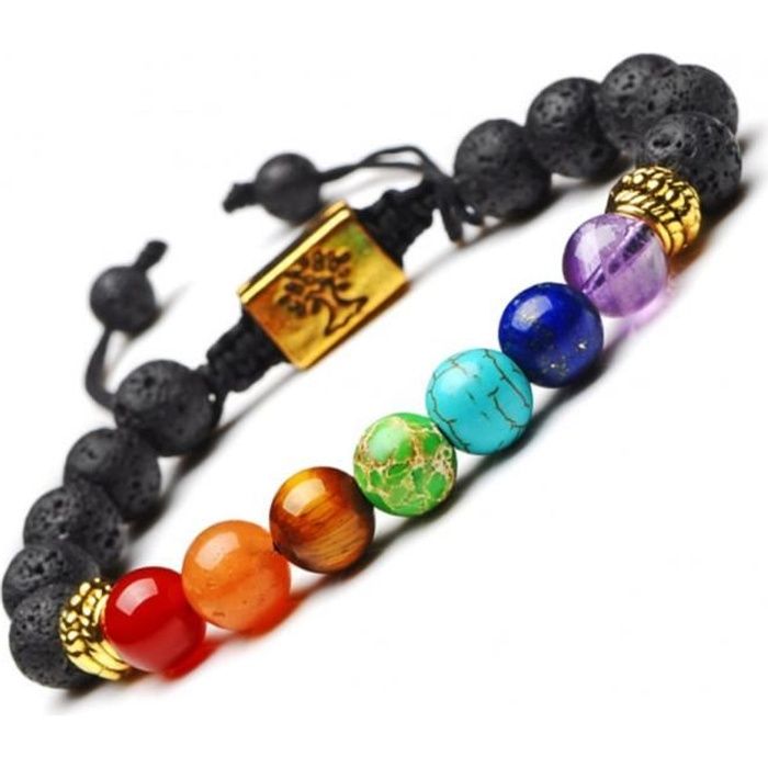 Bracelet 7 chakras et pierre de lave - Symbole Arbre de vie doré. Livraison offerte !!! Multicolore