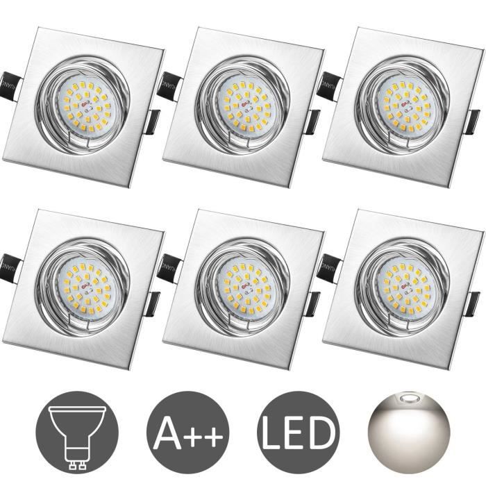 WOWATT Kit 6 Spots LED Encastrables GU10 6W - 6000K blanc froid avec Ampoules LED - Plafonnier Carré Pivotant