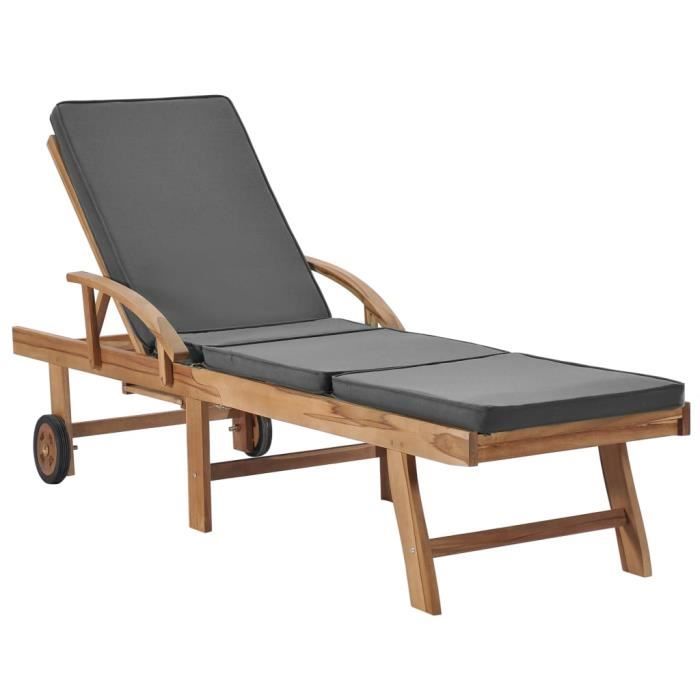 Chaise Longue de jardin Chaise de Relaxation Fauteuil Relax extérieur avec coussin Bois de teck solide Gris foncé