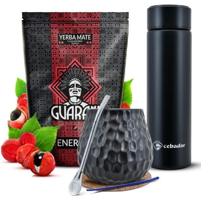 Yerba Mate Kit Guarani Energia Guarana 500g + Brune Calebasse Mate 400 ml + Noir Thermos Led 480 ml + Bombilla