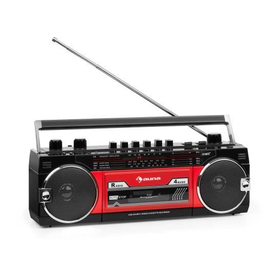 Radio Cassette - auna Duke MKII Magnétophone - portable - tuner FM Bluetooth - noir & rouge