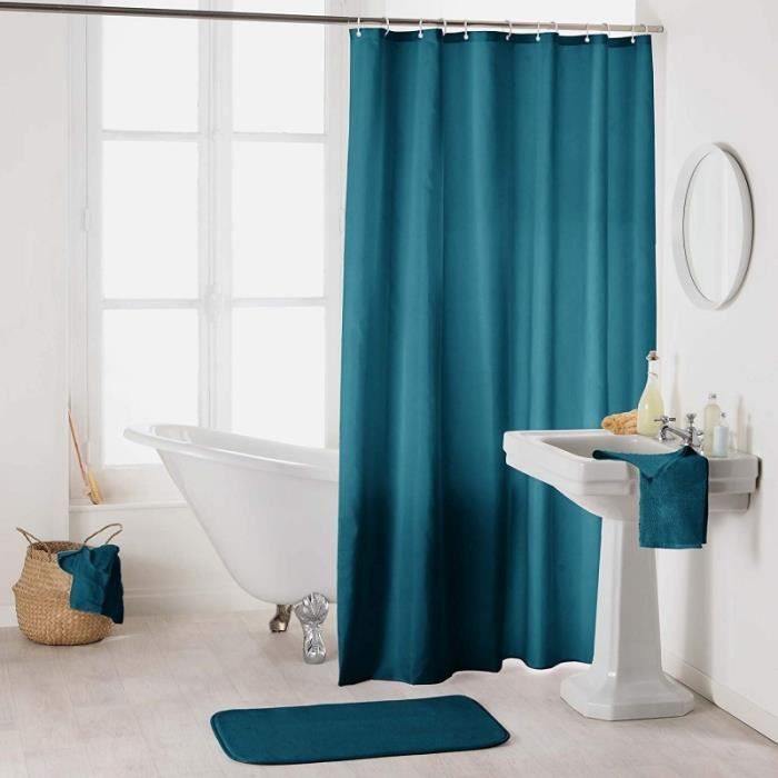 Rideau de douche en polyester uni avec crochets - L 200 x l 180 cm - Bleu pétrole 200 cm