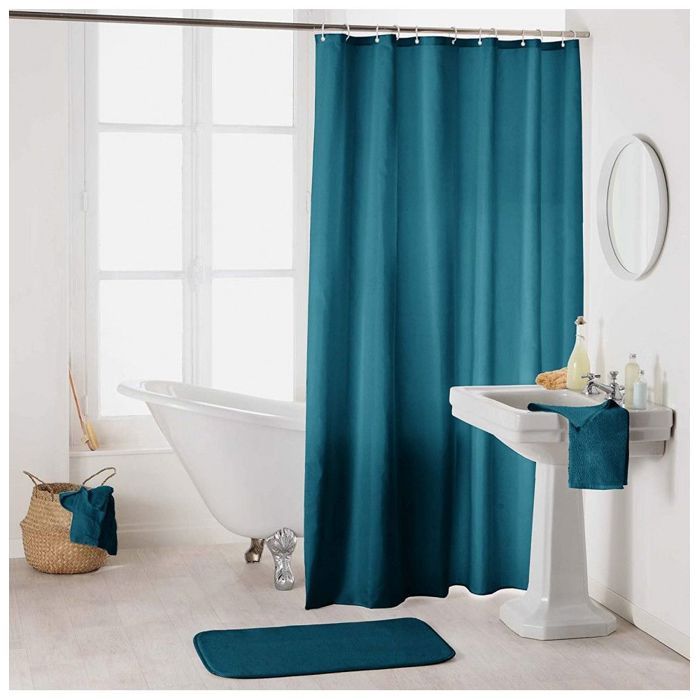 Rideau de douche en polyester uni avec crochets - L 200 x l 180 cm - Bleu pétrole 200 cm