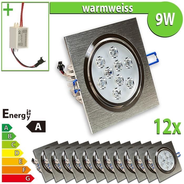 12x LEDVero LED Spot encastrable 9W forme carree blanc chaud.