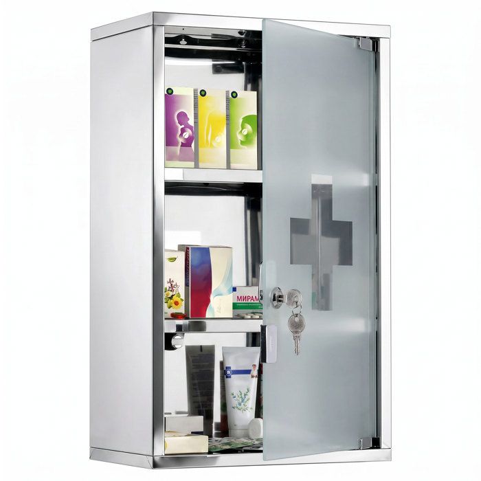 Armoire à pharmacie HOMCOM murale à 3 niveaux en acier inoxydable avec porte verrouillable en verre avec 2 clés étagères argent