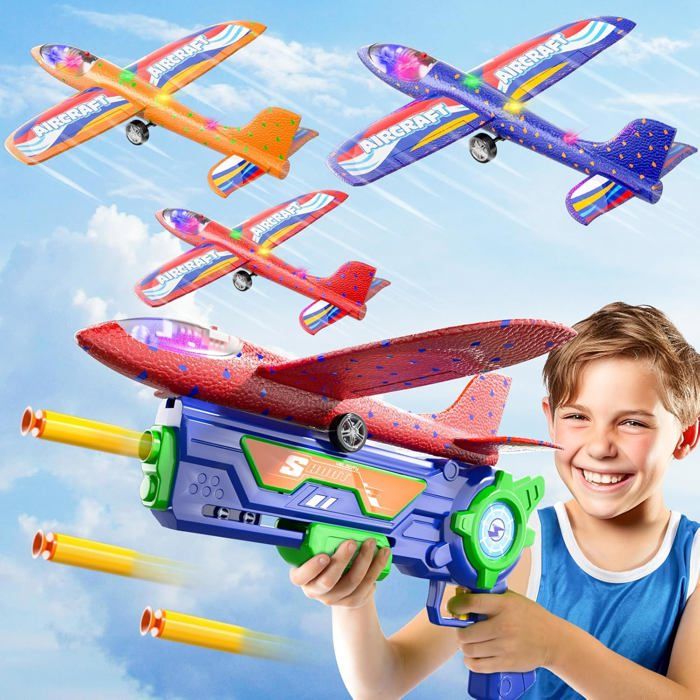 Lot De 3 Avions En Mousse à Lancer Avec Pistolet Catapulte – Lumières LED Clignotantes, Patins Mousse, Cadeau Enfant 3-9 Ans – Intérieur/Extérieur