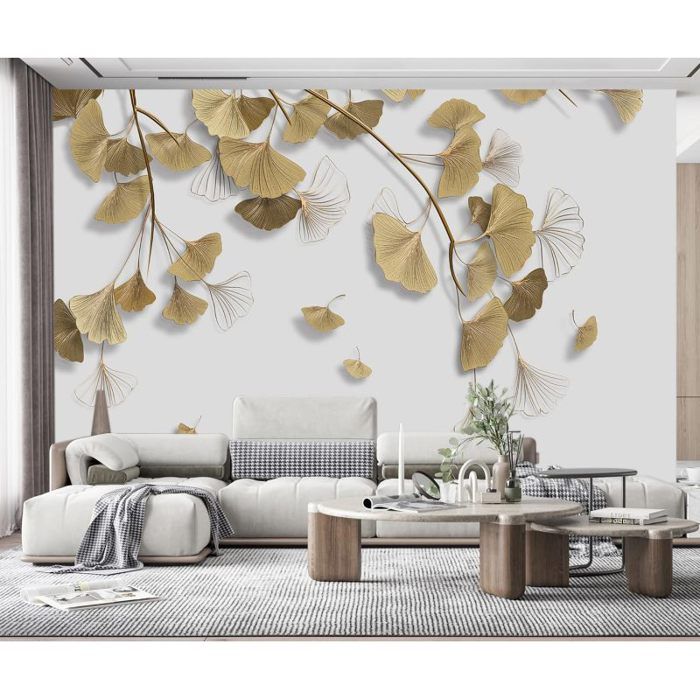 Fresque Murale Papier Peint Feuilles De Ginkgo Dores Abstraites ...