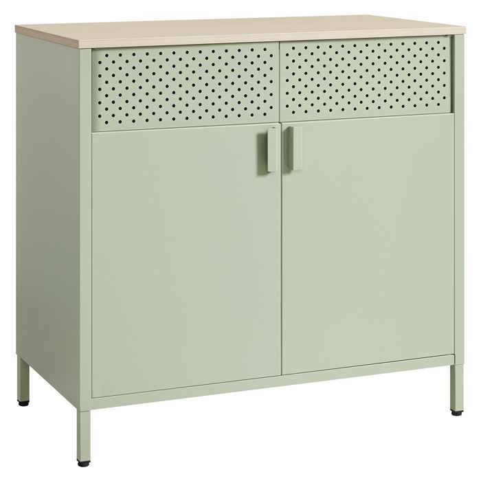 Buffet en Métal Double Porte Fermeture Magnétique Cadre en Acier 40 x 80 x 76 cm Vert Laurier et Couleur Chêne Naturel Buffet en Métal Double Porte Fermeture Magnétique Cadre en Acier 40 x 80 x 76 cm Vert Laurier et Couleur Chêne Naturel