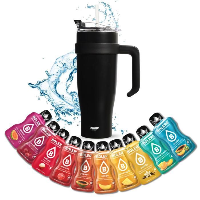 Mug isotherme avec paille et poignée + 10 sticks Boléro 9g  Mug nomade 1.2L XXL en inox- Idéal pour le sport le bureau ou voyager