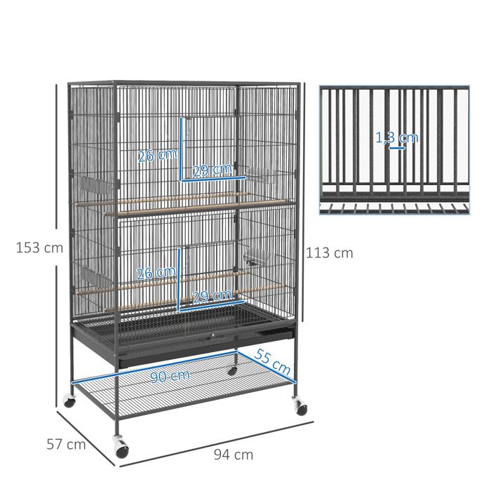 Meilleurs prix pour Cage pour oiseaux avec perchoirs et étagères 94 x 57 x 153 cm gris avec portes et roulettes pour oiseaux