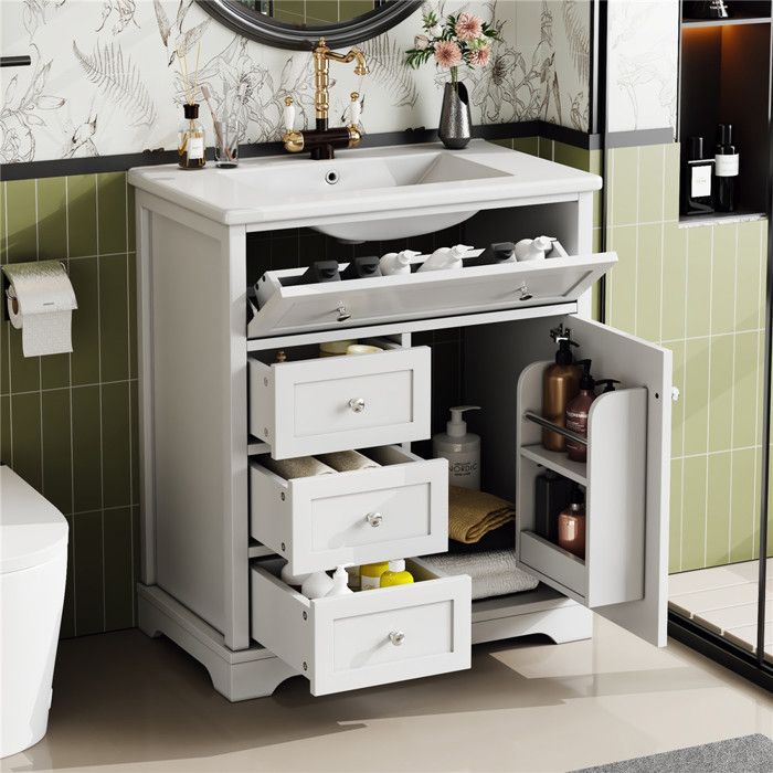 Meuble vasque intégrée salle de bain sur pied 76x46x87 cm meuble sous lavabo avec rangement 3 tiroirs 2 tiroir pliant Scandinave