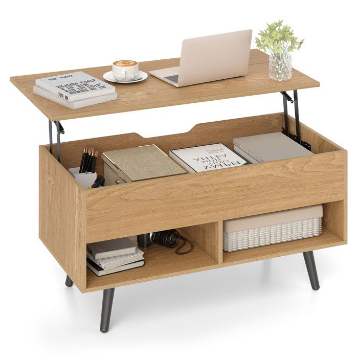 GOPLUS Table Basse Relevable à Bar à Gaz avec Plateau Relevable Table Basse avec 1 Compartiment Caché et 2 Étagères