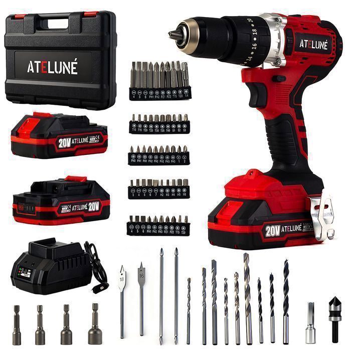 Perceuse à Percussion ATELUNÉ 20V - 2x Batteries(Affichage Batterie)- Visseuse sans Fil - Set Ultra-complet 69 Accessoires