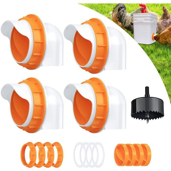 Mangeoire Automatique pour Poules à 4 Ports - Kit de Mangeoire à Gravité DIY pour Seaux Tonneaux Bacs Label
