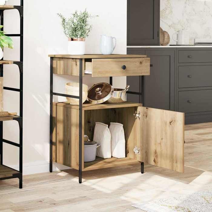 Chariot de cuisine en bois dingénierie - WIENS - 56x43x895 cm - Chêne artisanal - 4 roulettes (2 avec freins)
