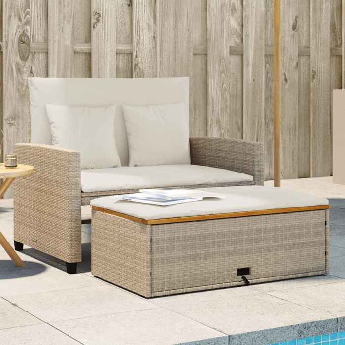 Canapé de jardin 2 places - vidaXL - Résine tressée - Acacia - Beige - 115x75x91 cm - Convertible en lit