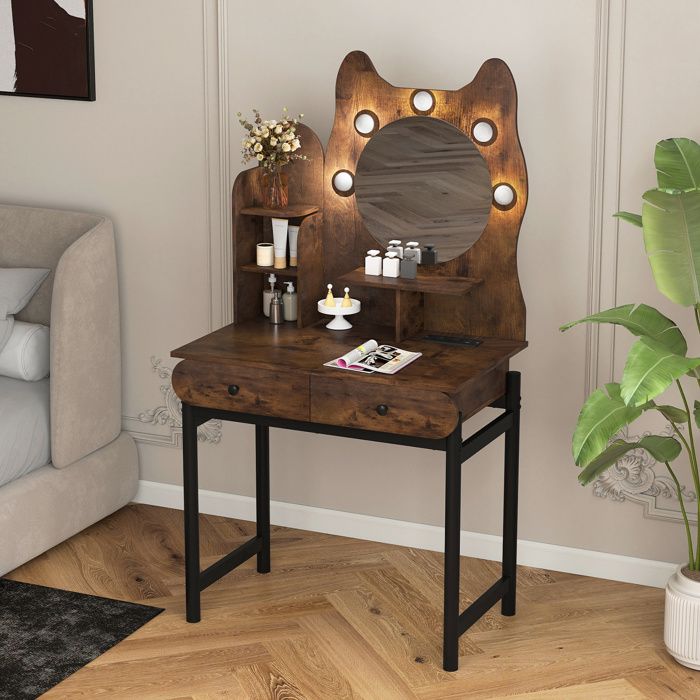 Coiffeuse en Forme de Chat avec Miroir LED COSTWAY Luminosité Réglable Station de Charge 3 Étagères 2 Tiroirs Marron Rustique