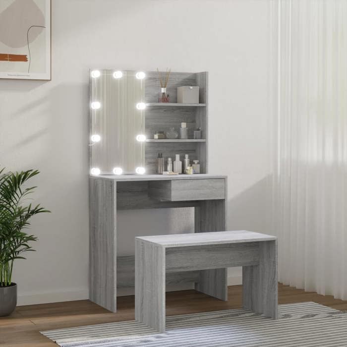 Bois Ensemble de coiffeuse Femmes/filles CLARENCE Pour chambre avec LED Sonoma gris Bois dingénierie 74.5x40x141 cm C226