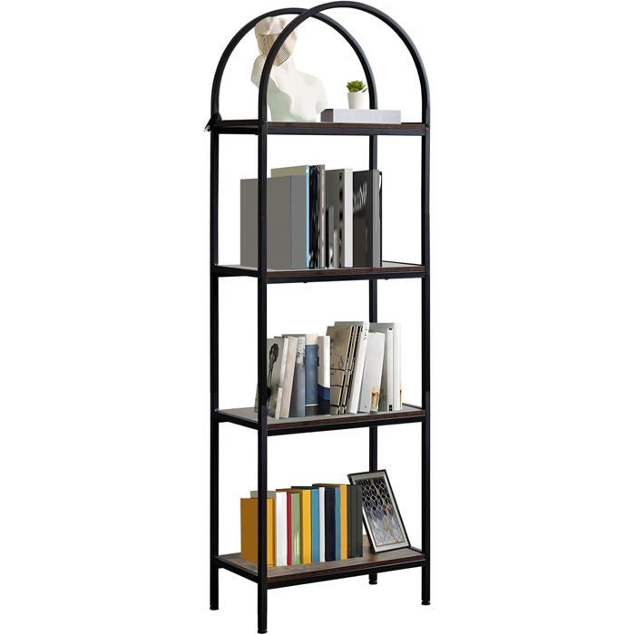 Bibliothèque，Étagère Arched Haute sur 4 Niveaux ，Meuble de Rangement Ouvert，Salle à Manger 60x30x183cm Marron+Noir