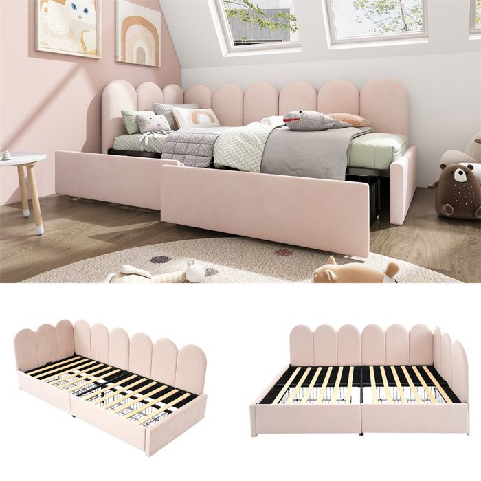 Lit rembourré simple avec 2 tiroirs Canapé-lit 90x200 cm avec sommier à lattes Design contemporain Tissu velours Rose