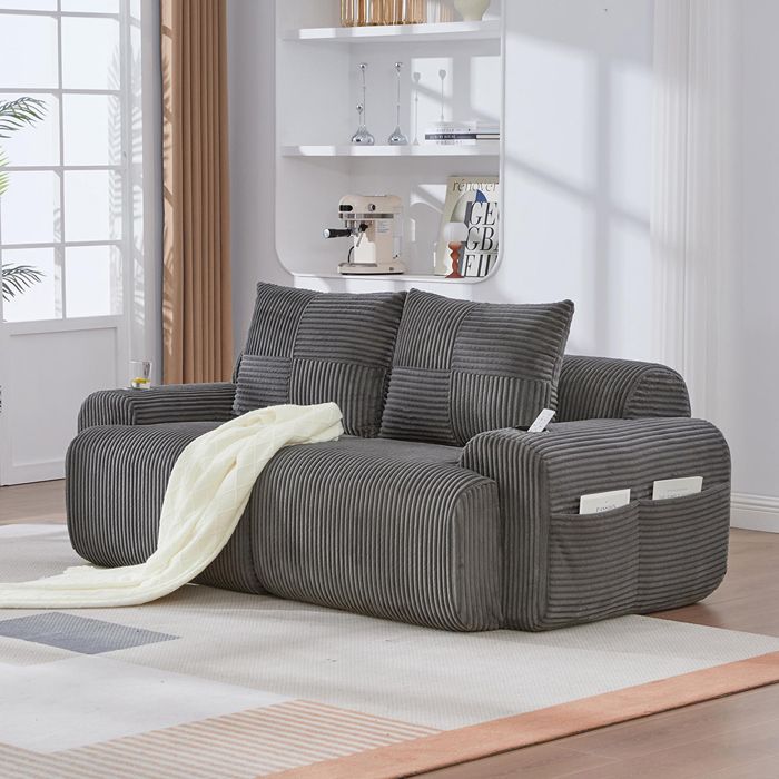 Canapé modulaire 2 places velours côtelé combinable emballage sous vide porte boisson poche latérale gris foncé Canapé modulaire 2 places velours côtelé combinable emballage sous vide porte boisson poche latérale gris foncé