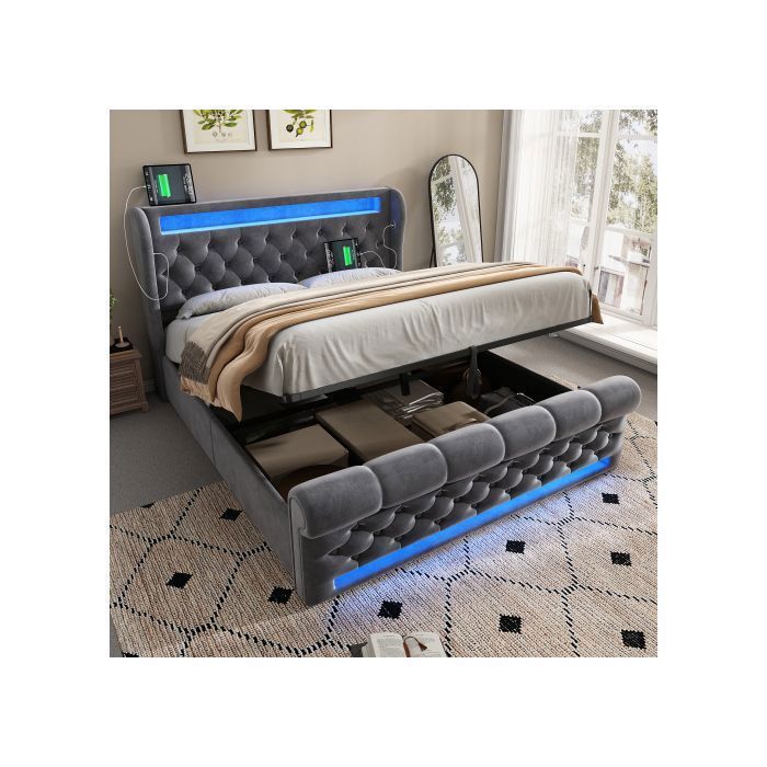 Lit coffre 140x190 cm lit double en velours avec tête de lit avec LED chargement USB et Type C gris sans matelas