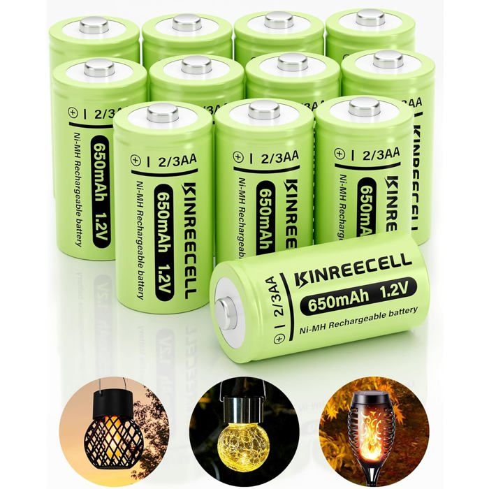 Lot de 12 piles Ni-MH 2/3 AA 1 2 V 650 mAh haute capacité 1 2 V pour lumière solaire de jardin