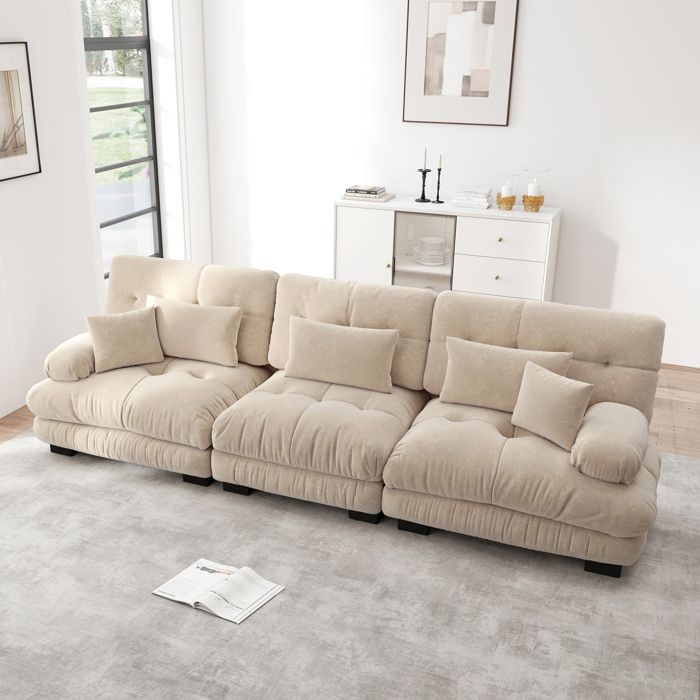 Canapé 3 Places en Chenille confortable 313 × 77 × 81 cm Canapé modulable sectionnel Cloud cadre en bois massif Café léger