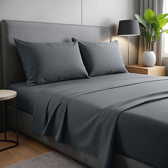 Ensemble de Draps 4 Pièces 180x190/200 draps de lit en Microfibre de Polyester brossée. Drap Plat Gris Foncé