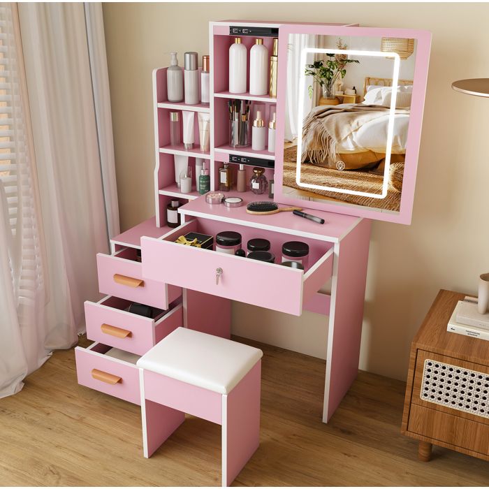 Coiffeuse 85x36x130 cm avec miroir LED et trois modes d’éclairage MDF rose