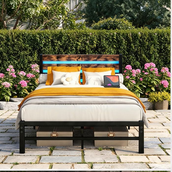 Sommier 2 places 140x200 cm avec tête de lit et LED structure métal et MDF USB rangement rich brown