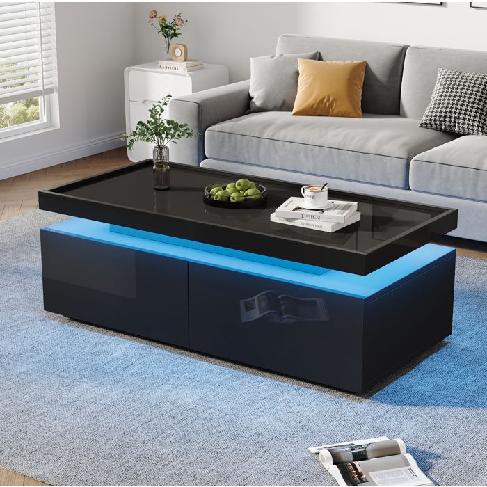 WOVREO Table basse 95x45x35 cm avec LED 2 tiroirs et rangement ouvert noir brillant