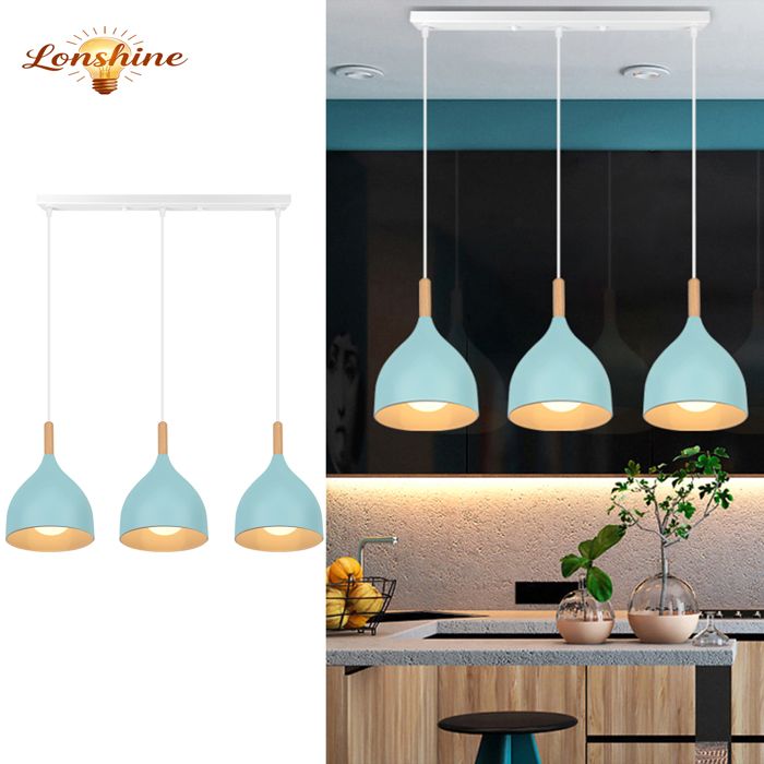 LONSHINE Suspension Rétro à 3 Lampes Ø17cm Lustre Moderne en Métal Bois E27 Luminaire Plafonnier pour Chambre Cuisine Bleu