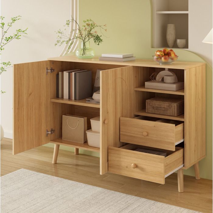 COVREO buffet bas 118 x 35 x 82 cm 2 portes 2 tiroirs 2 niches ouvertes decor bois naturel