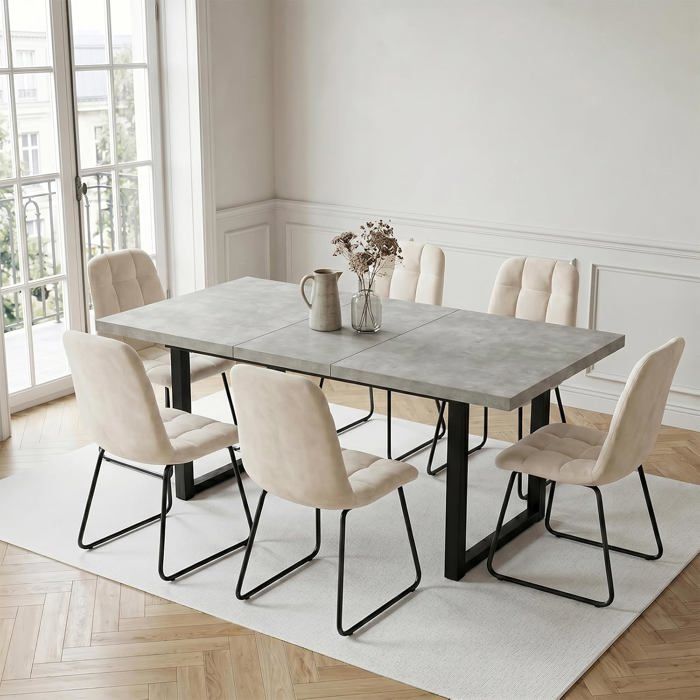 JIEXI Table à manger extensible 130-170 cm en MDF gris table de cuisine avec 6 chaises en velours beige