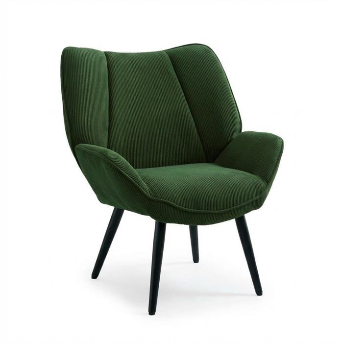 Fauteuil d’accent haut dossier rembourré accoudoirs doux cadre bois support fer salon coin lecture chambre vert