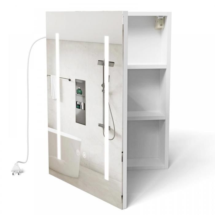 KEDIA Armoire Murale Salle de Bain Miroir LED Blanc 45x60x15cm Antibuée 3 Températures Avec Prise Interrupteur Tactile