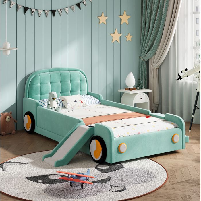 ELVORIN lit voiture 218 5 x 197 x 86 cm couchage 90 x 200 cm velours bleu-vert toboggan et escalier réversibles